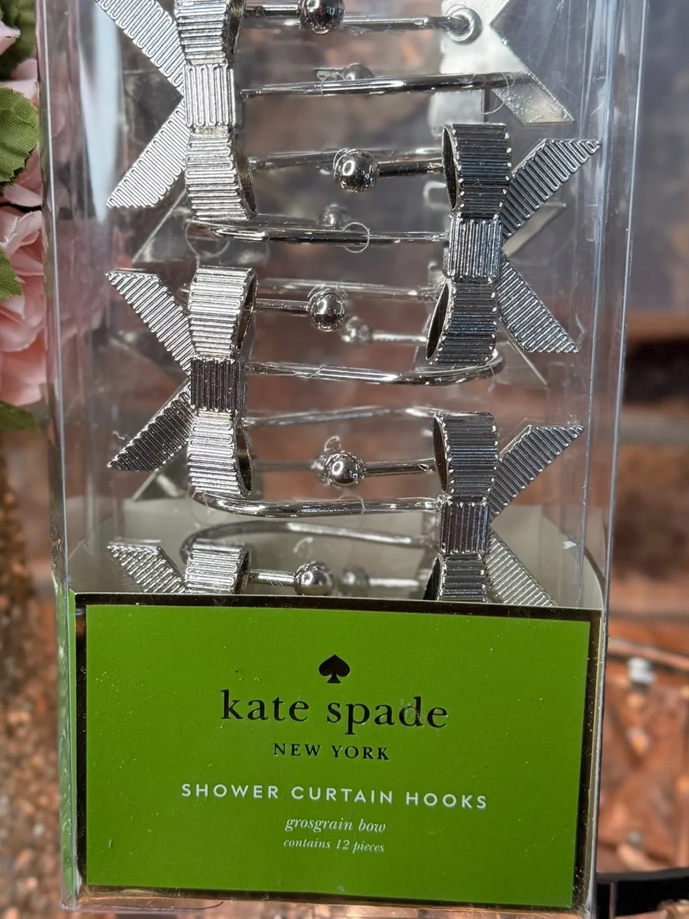 NEW in BOX ♠️ kate spade 12 Silver Grosgrain Bow Shower Curtain Hooks Curtains